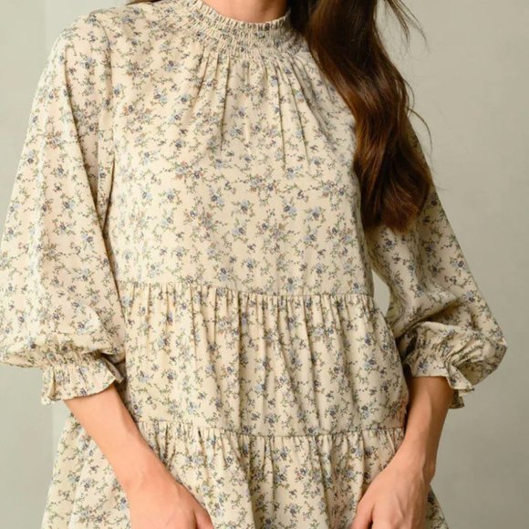 JUNIORS DITSY FLORAL PRINT HIGH NECK TIERED LONG SLEEVE TOP - Picture 1 of 8
